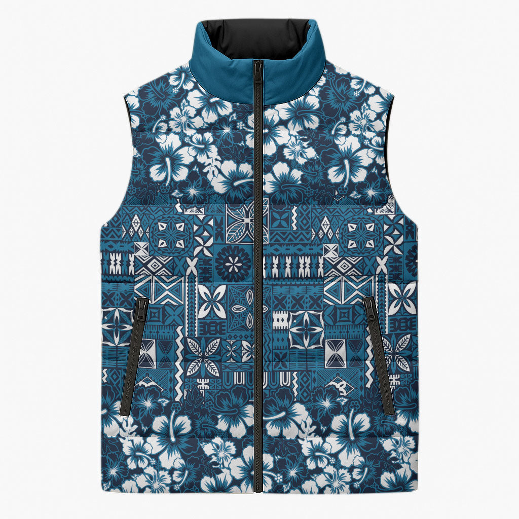 Blue Hawaiian Tapa Tribal Hibiscus Sleeveless Puffer Jacket
