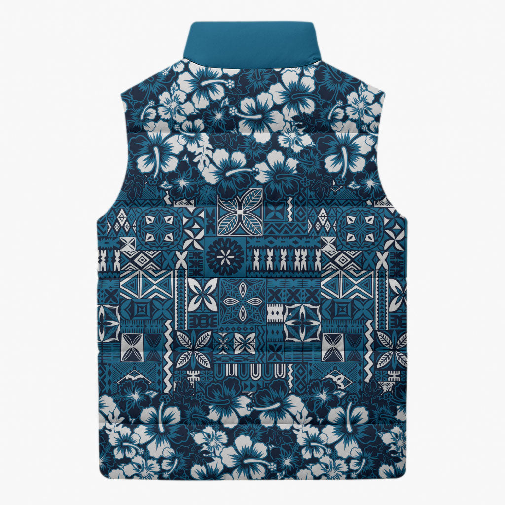 Blue Hawaiian Tapa Tribal Hibiscus Sleeveless Puffer Jacket