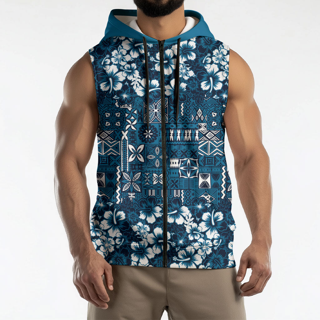 Blue Hawaiian Tapa Tribal Hibiscus Sleeveless Zip Hoodie