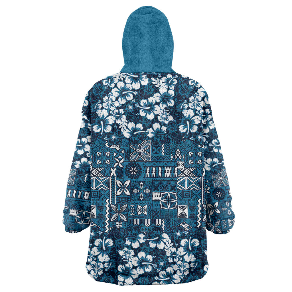 Blue Hawaiian Tapa Tribal Hibiscus Wearable Blanket Hoodie