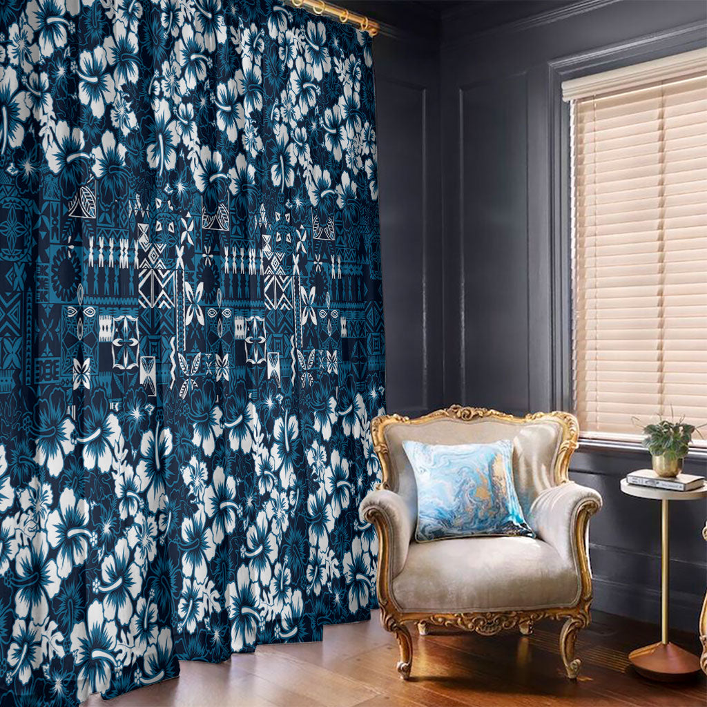 Blue Hawaiian Tapa Tribal Hibiscus Window Curtain