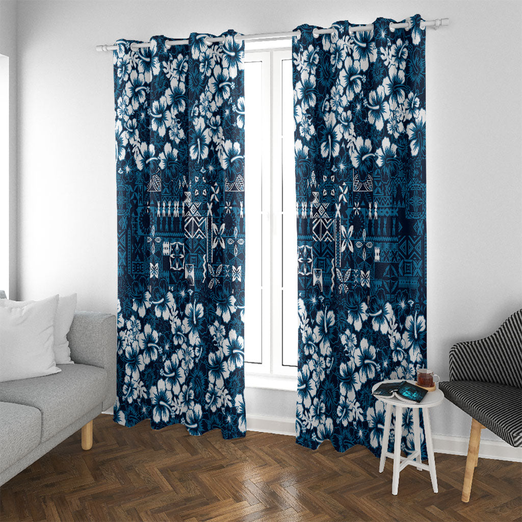 Blue Hawaiian Tapa Tribal Hibiscus Window Curtain