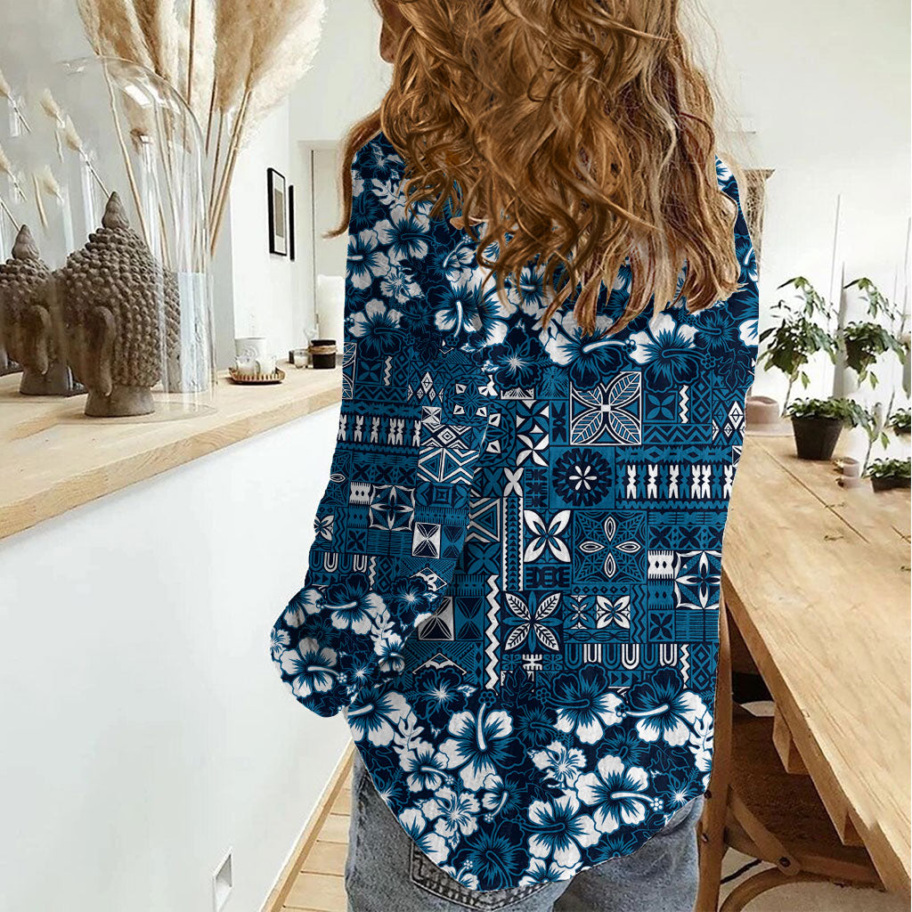 Blue Hawaiian Tapa Tribal Hibiscus Women Casual Shirt