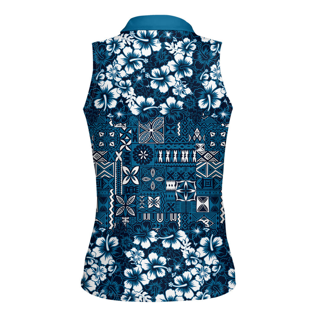 Blue Hawaiian Tapa Tribal Hibiscus Women Sleeveless Polo Shirt