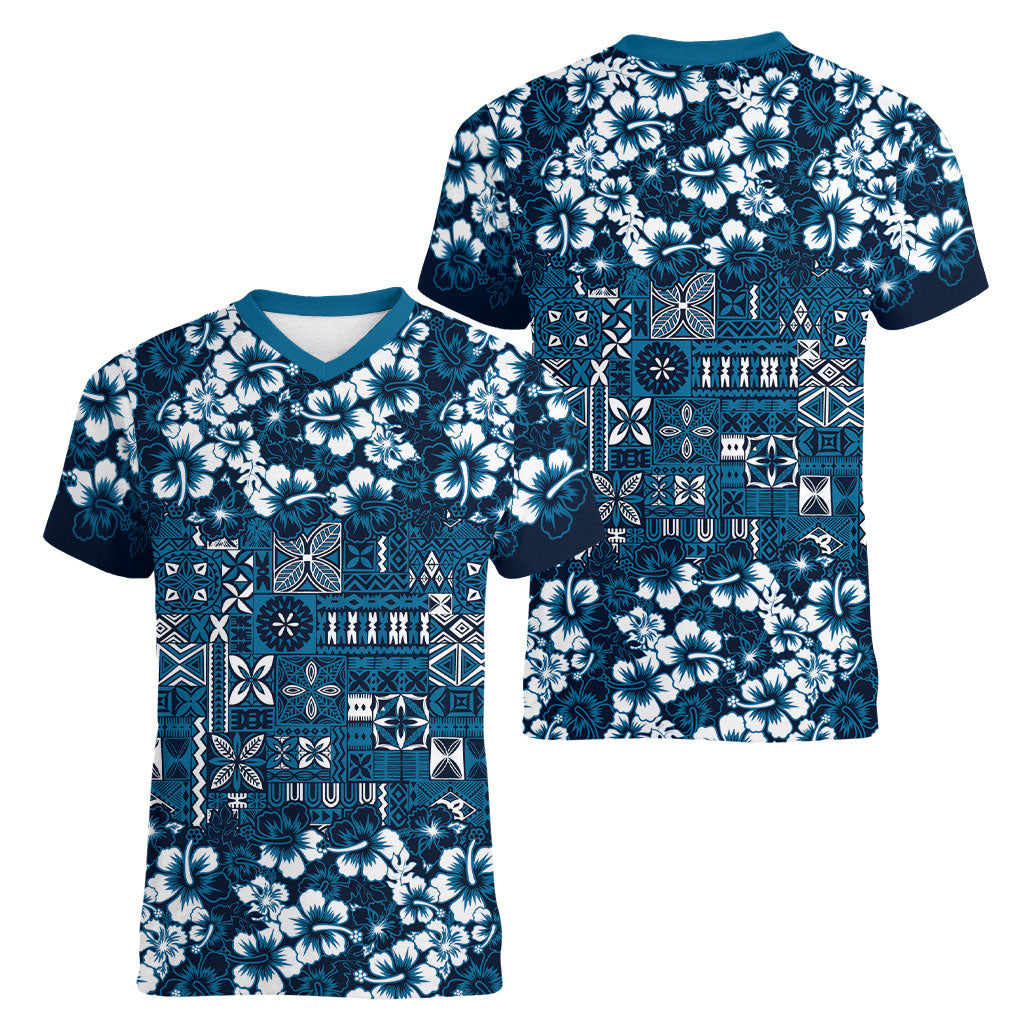 Blue Hawaiian Tapa Tribal Hibiscus Women V-Neck T-Shirt