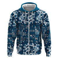 Blue Hawaiian Tapa Tribal Hibiscus Zip Hoodie