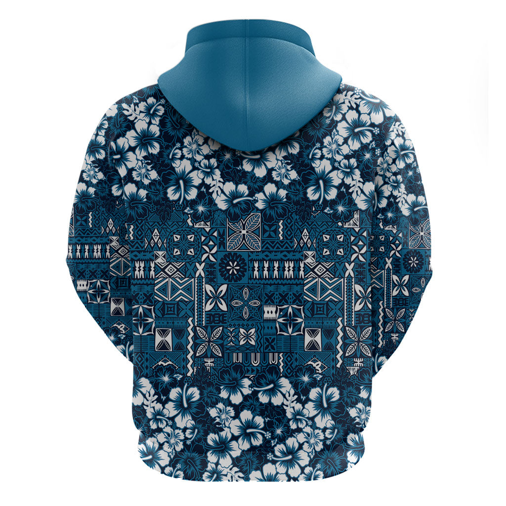 Blue Hawaiian Tapa Tribal Hibiscus Zip Hoodie