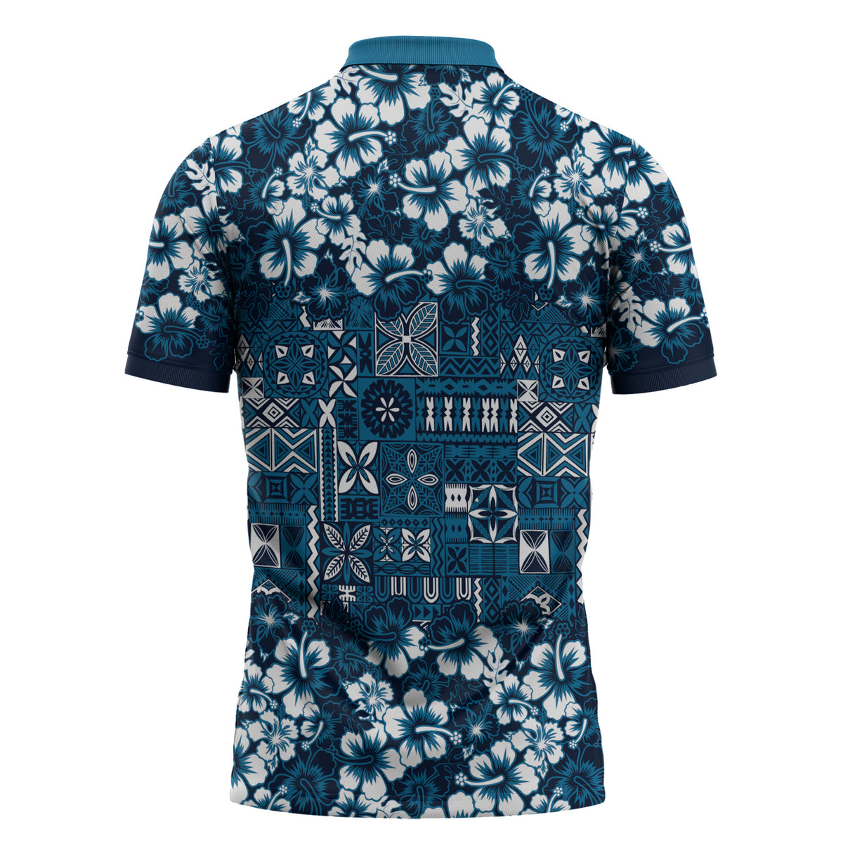 Blue Hawaiian Tapa Tribal Hibiscus Zipper Polo Shirt