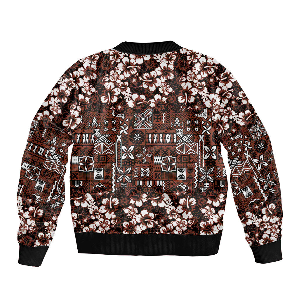 Burgundy Hawaiian Tapa Tribal Hibiscus Bomber Jacket