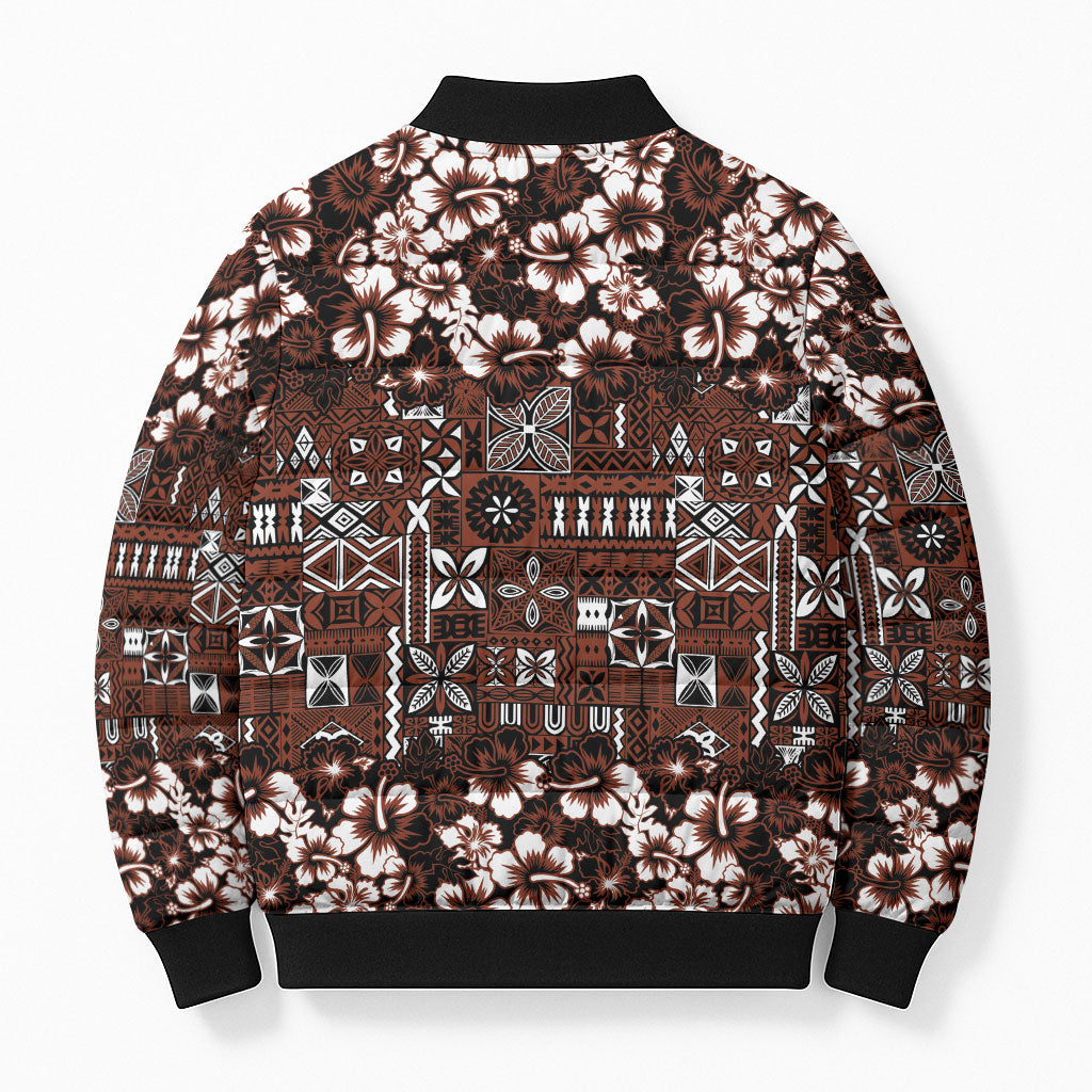 Burgundy Hawaiian Tapa Tribal Hibiscus Bomber Puffer Jacket