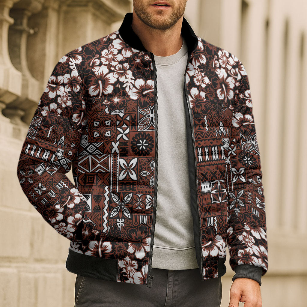 Burgundy Hawaiian Tapa Tribal Hibiscus Bomber Puffer Jacket