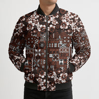 Burgundy Hawaiian Tapa Tribal Hibiscus Bomber Puffer Jacket