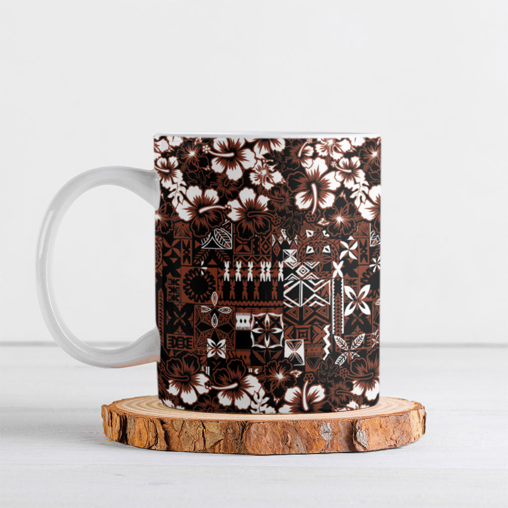 Burgundy Hawaiian Tapa Tribal Hibiscus Ceramic Mug