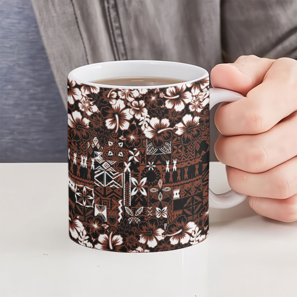 Burgundy Hawaiian Tapa Tribal Hibiscus Ceramic Mug