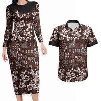 Burgundy Hawaiian Tapa Tribal Hibiscus Couples Matching Long Sleeve Bodycon Dress and Hawaiian Shirt