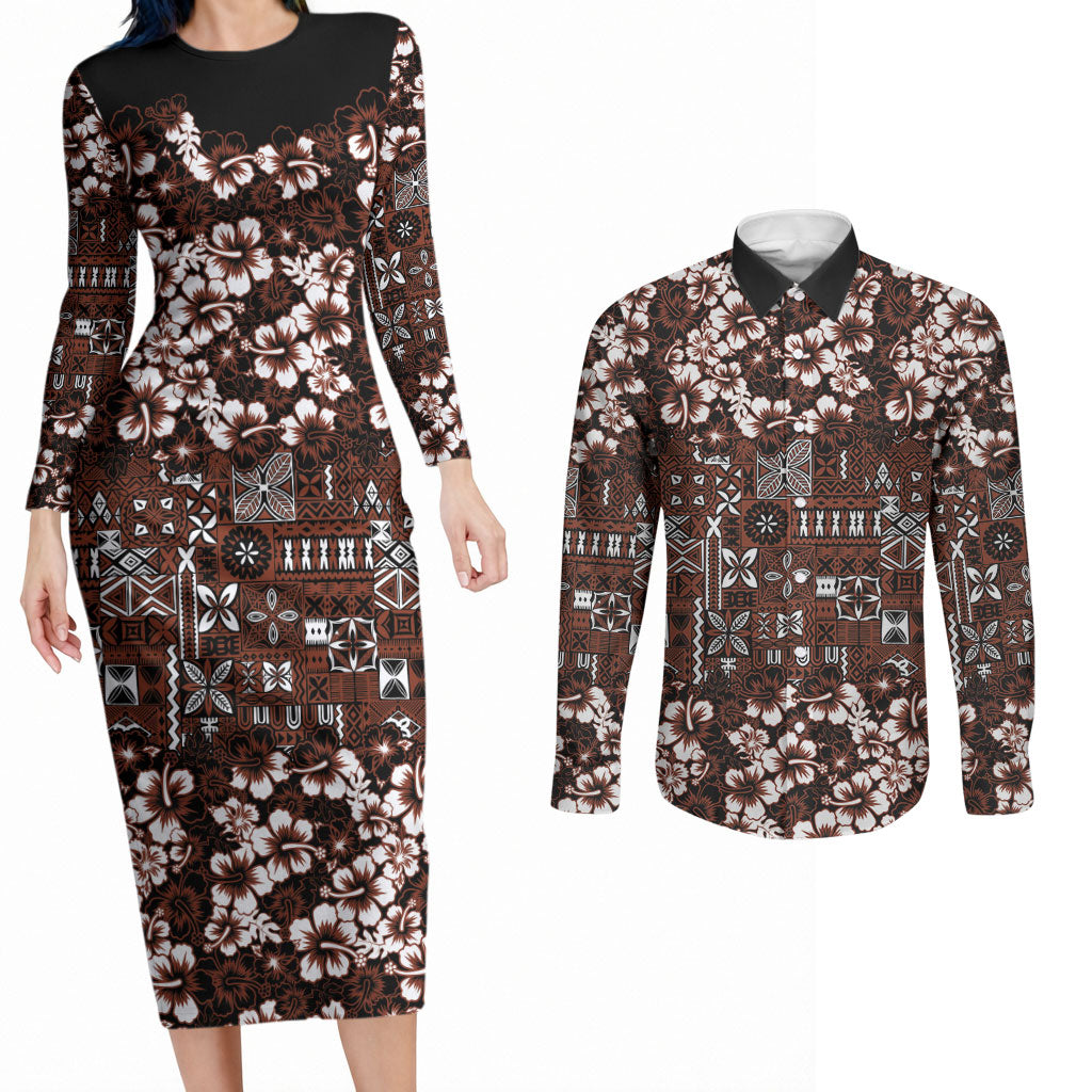 Burgundy Hawaiian Tapa Tribal Hibiscus Couples Matching Long Sleeve Bodycon Dress and Long Sleeve Button Shirt