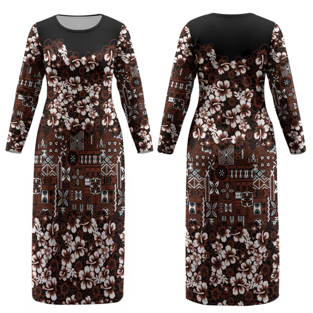 Burgundy Hawaiian Tapa Tribal Hibiscus Couples Matching Long Sleeve Bodycon Dress and Long Sleeve Button Shirt