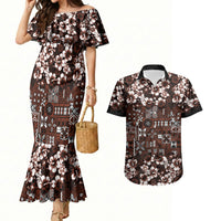 Burgundy Hawaiian Tapa Tribal Hibiscus Couples Matching Mermaid Dress and Hawaiian Shirt