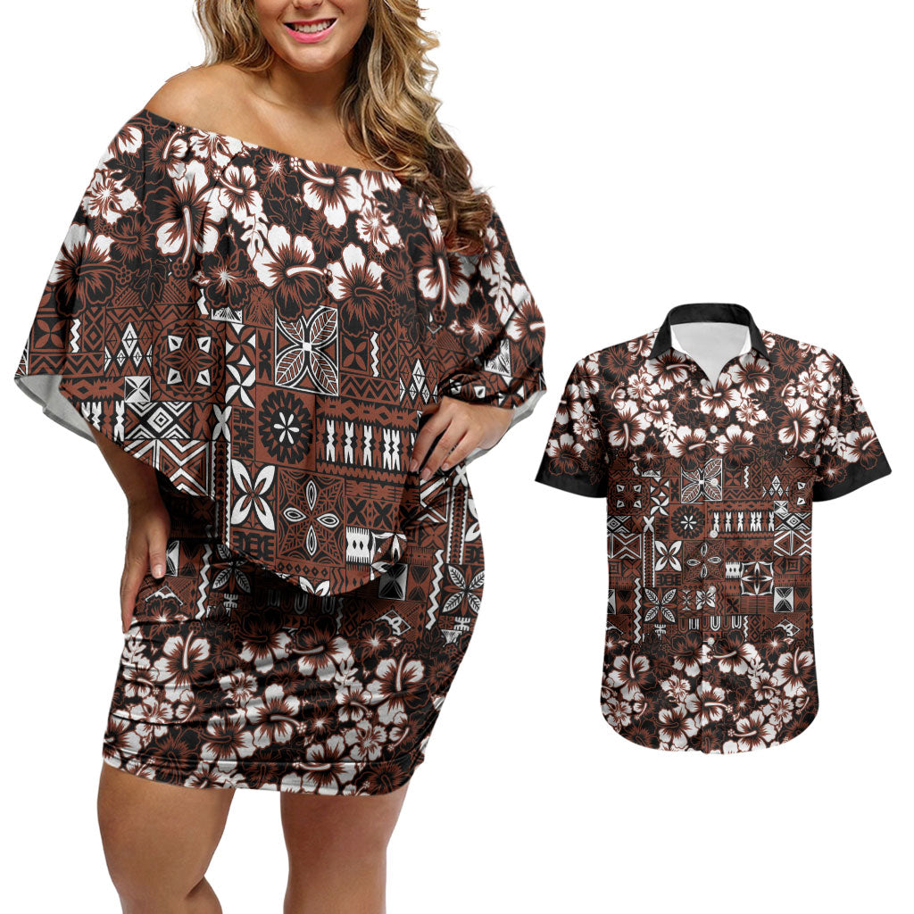 Burgundy Hawaiian Tapa Tribal Hibiscus Couples Matching Off Shoulder Short Dress and Hawaiian Shirt