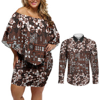 Burgundy Hawaiian Tapa Tribal Hibiscus Couples Matching Off Shoulder Short Dress and Long Sleeve Button Shirt