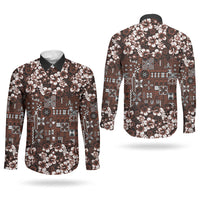 Burgundy Hawaiian Tapa Tribal Hibiscus Couples Matching Off Shoulder Short Dress and Long Sleeve Button Shirt