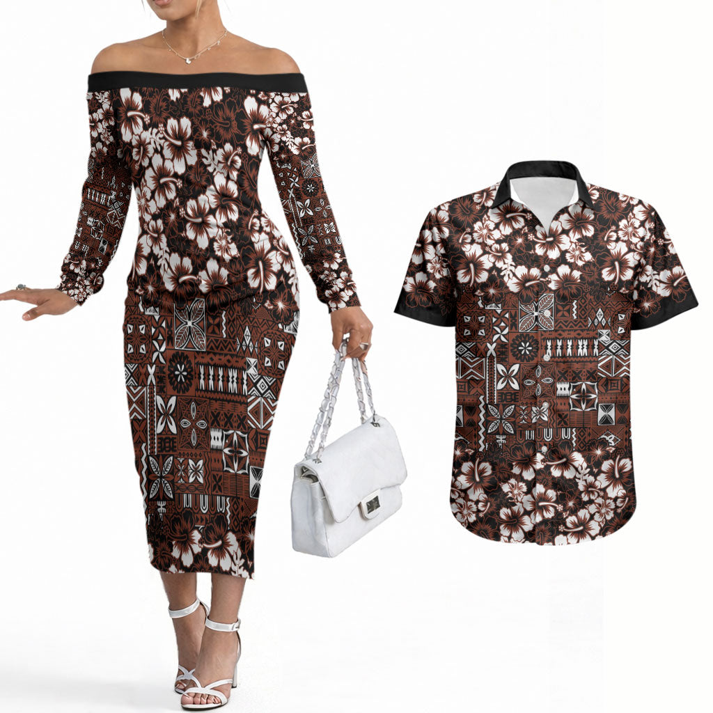 Burgundy Hawaiian Tapa Tribal Hibiscus Couples Matching Off The Shoulder Long Sleeve Dress and Hawaiian Shirt