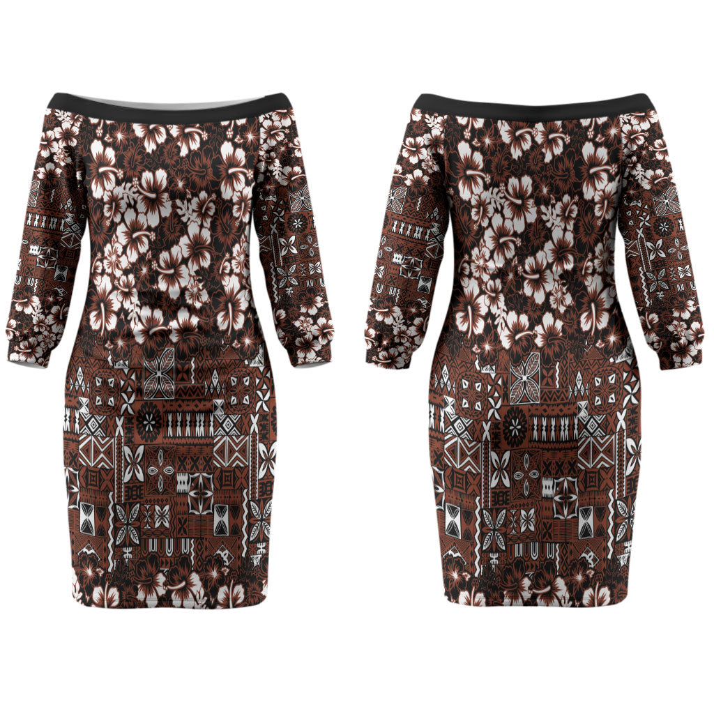 Burgundy Hawaiian Tapa Tribal Hibiscus Couples Matching Off The Shoulder Long Sleeve Dress and Long Sleeve Button Shirt