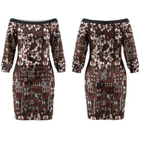 Burgundy Hawaiian Tapa Tribal Hibiscus Couples Matching Off The Shoulder Long Sleeve Dress and Long Sleeve Button Shirt