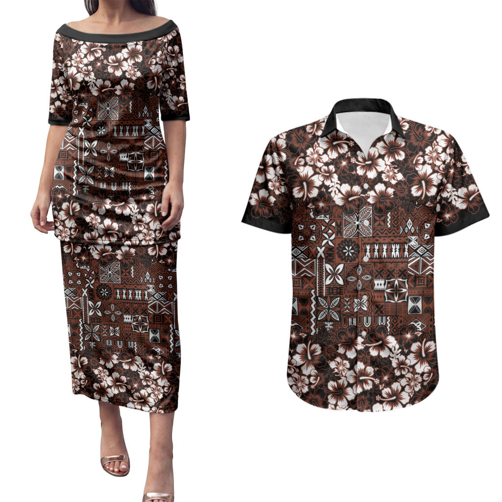 Burgundy Hawaiian Tapa Tribal Hibiscus Couples Matching Puletasi and Hawaiian Shirt
