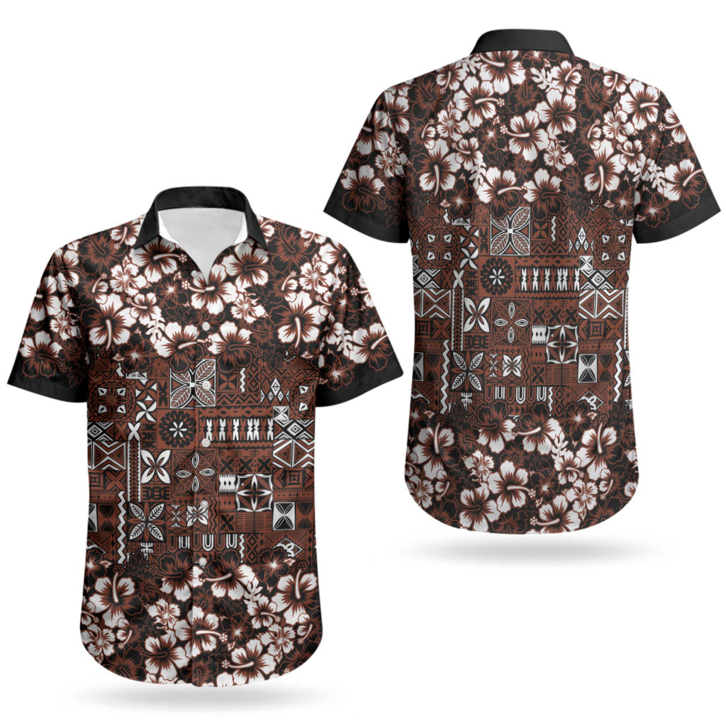 Burgundy Hawaiian Tapa Tribal Hibiscus Couples Matching Puletasi and Hawaiian Shirt