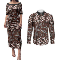 Burgundy Hawaiian Tapa Tribal Hibiscus Couples Matching Puletasi and Long Sleeve Button Shirt