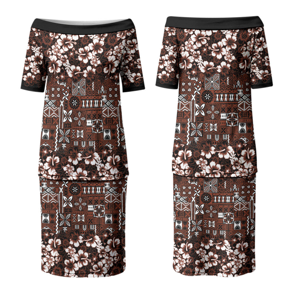 Burgundy Hawaiian Tapa Tribal Hibiscus Couples Matching Puletasi and Long Sleeve Button Shirt