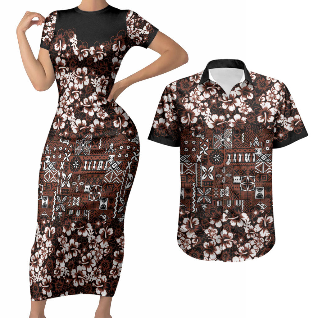 Burgundy Hawaiian Tapa Tribal Hibiscus Couples Matching Short Sleeve Bodycon Dress and Hawaiian Shirt LT9 Burgundy - Polynesian Pride