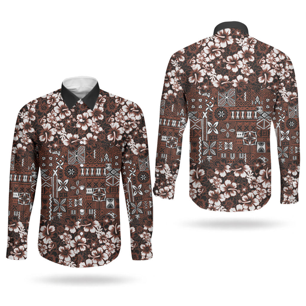 Burgundy Hawaiian Tapa Tribal Hibiscus Couples Matching Short Sleeve Bodycon Dress and Long Sleeve Button Shirt