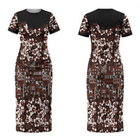 Burgundy Hawaiian Tapa Tribal Hibiscus Couples Matching Short Sleeve Bodycon Dress and Long Sleeve Button Shirt