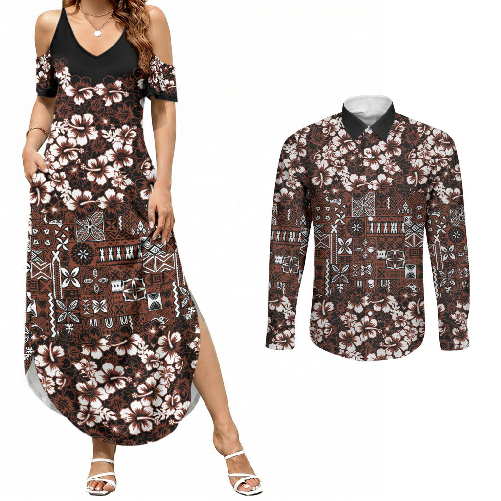 Burgundy Hawaiian Tapa Tribal Hibiscus Couples Matching Summer Maxi Dress and Long Sleeve Button Shirt