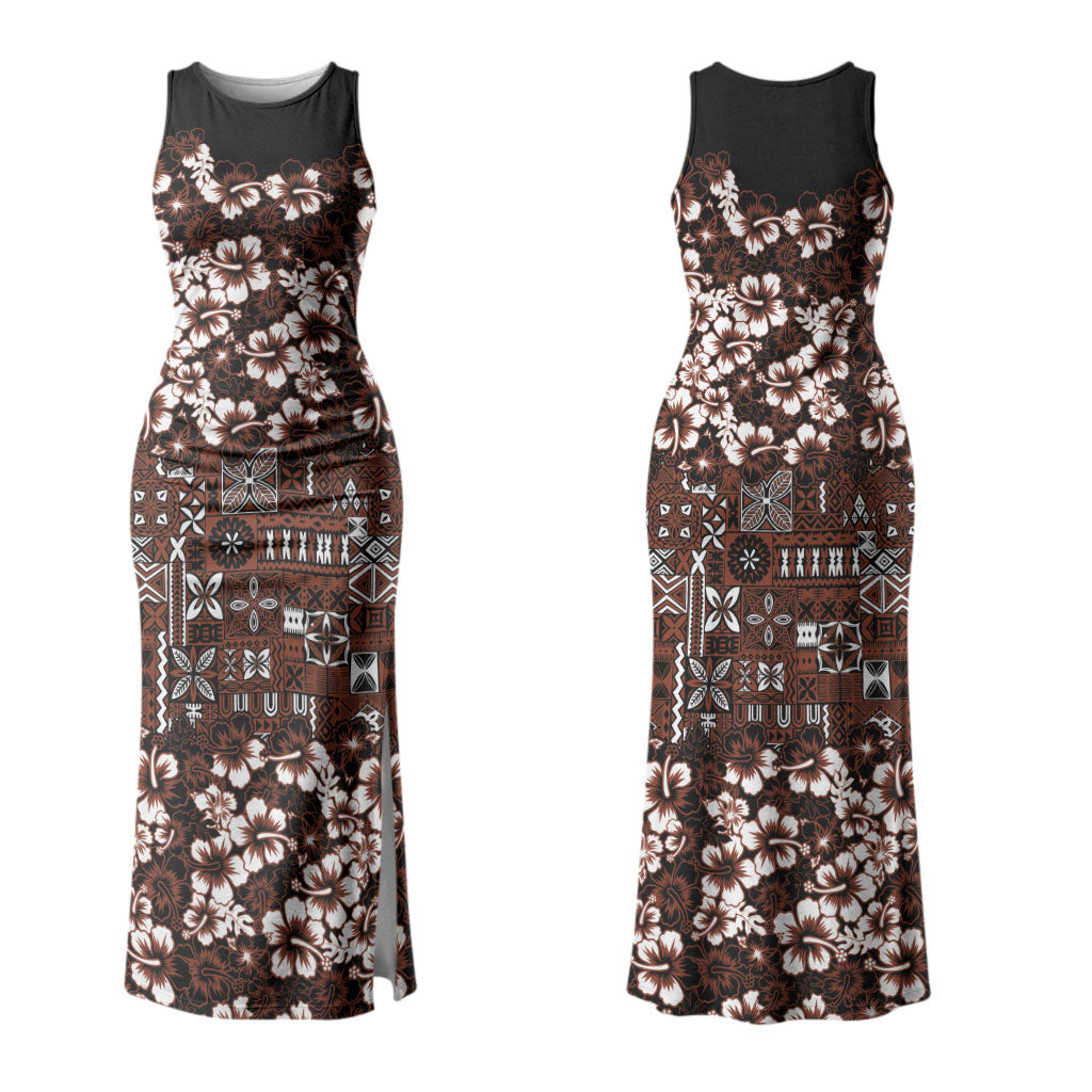 Burgundy Hawaiian Tapa Tribal Hibiscus Couples Matching Tank Maxi Dress and Hawaiian Shirt