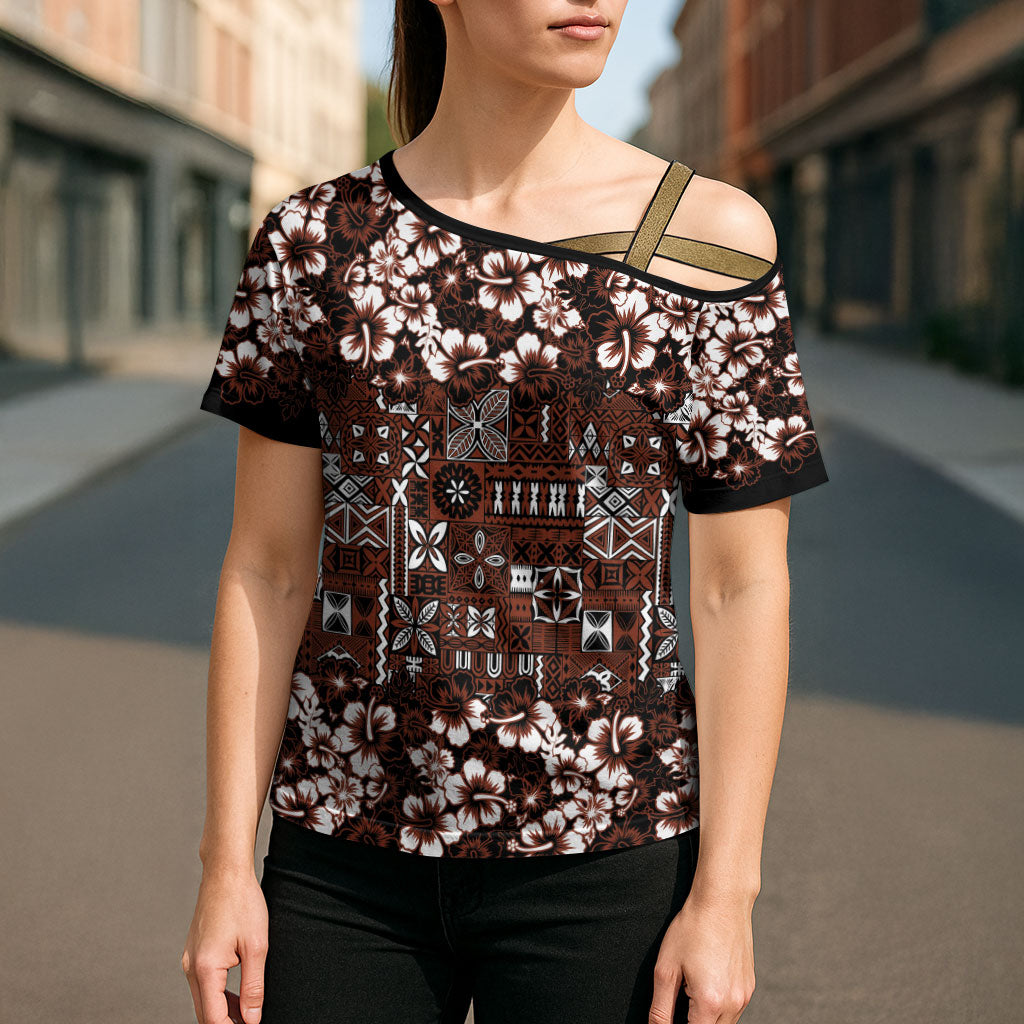 Burgundy Hawaiian Tapa Tribal Hibiscus Cross Shoulder Shirt