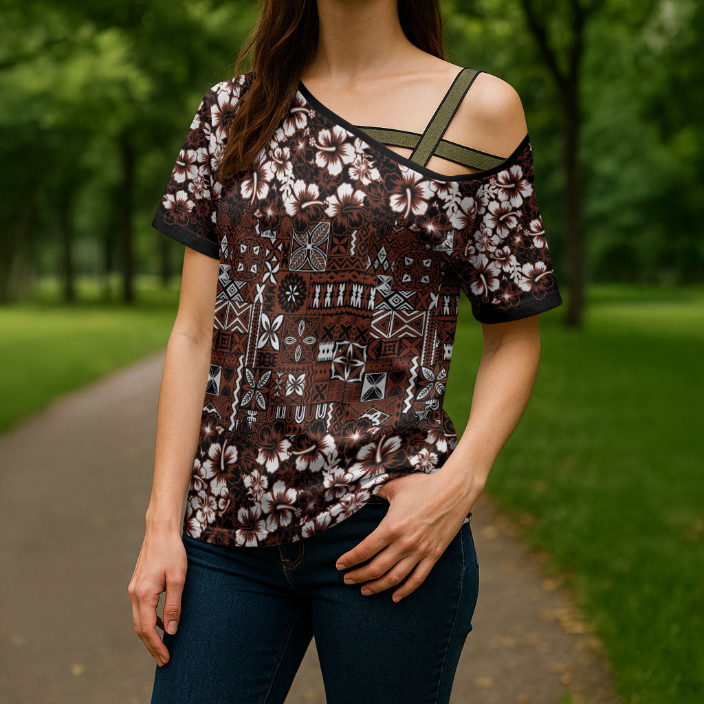 Burgundy Hawaiian Tapa Tribal Hibiscus Cross Shoulder Shirt