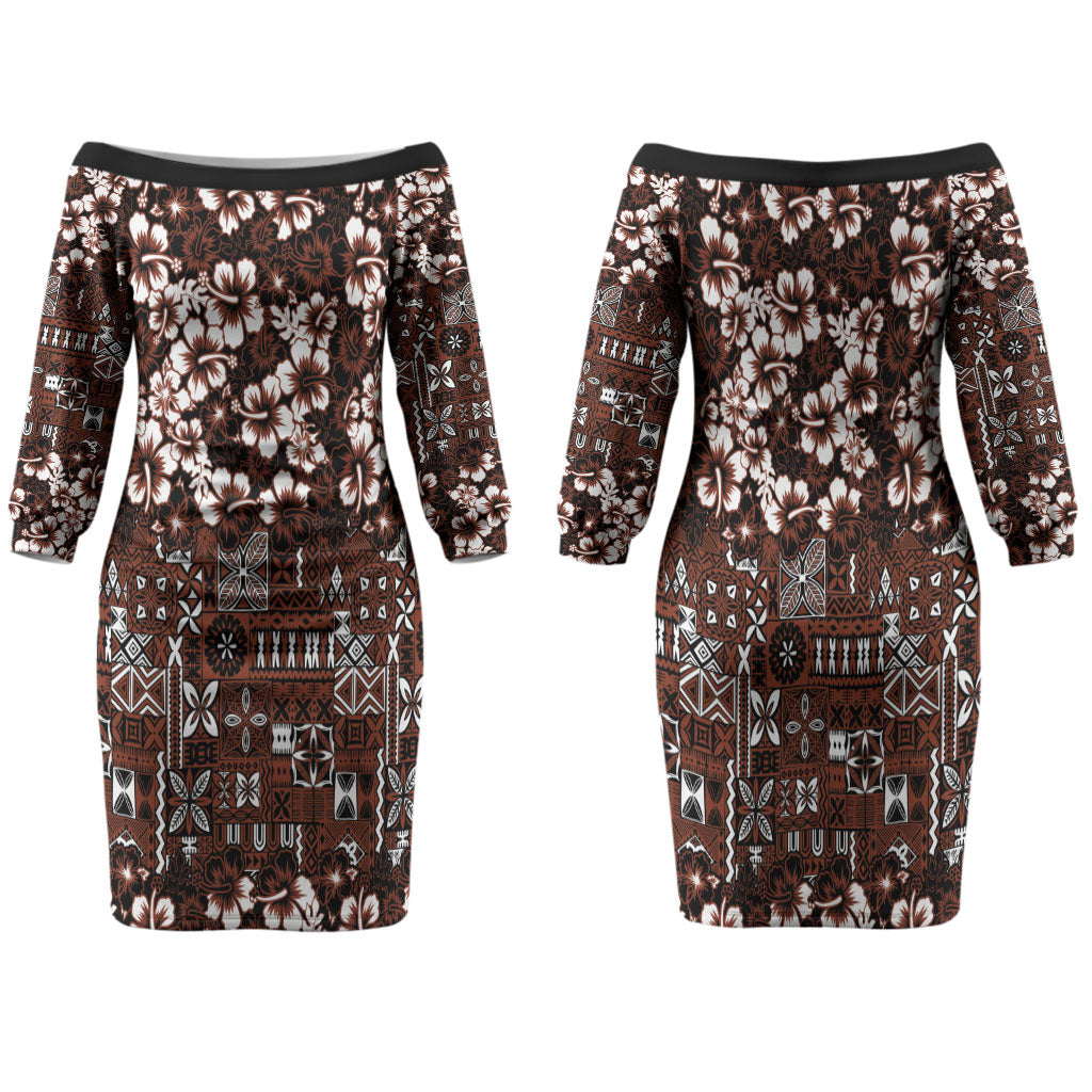 Burgundy Hawaiian Tapa Tribal Hibiscus Family Matching Off The Shoulder Long Sleeve Dress and Hawaiian Shirt
