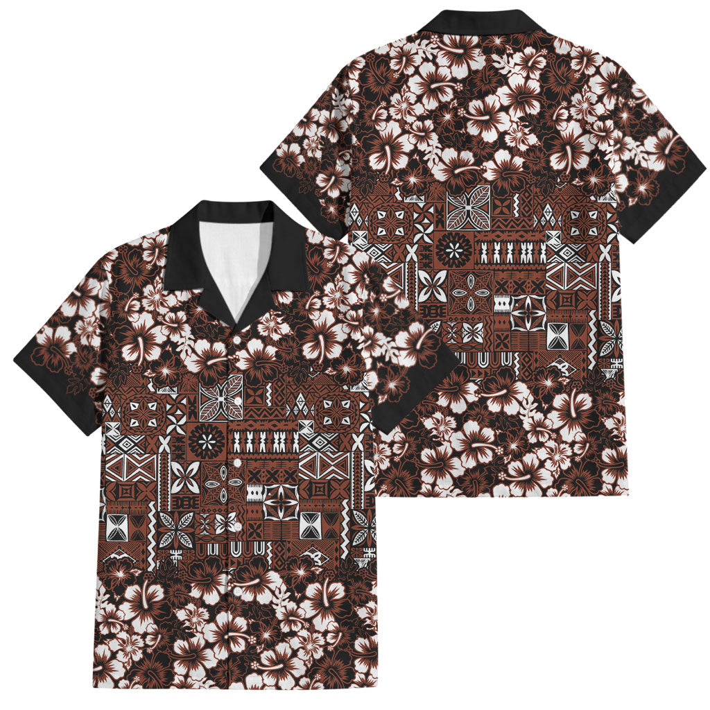 Burgundy Hawaiian Tapa Tribal Hibiscus Family Matching Off The Shoulder Long Sleeve Dress and Hawaiian Shirt
