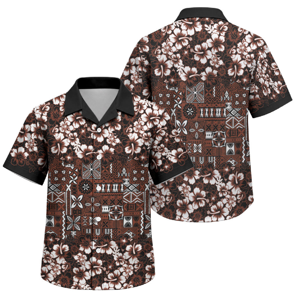 Burgundy Hawaiian Tapa Tribal Hibiscus Family Matching Off The Shoulder Long Sleeve Dress and Hawaiian Shirt