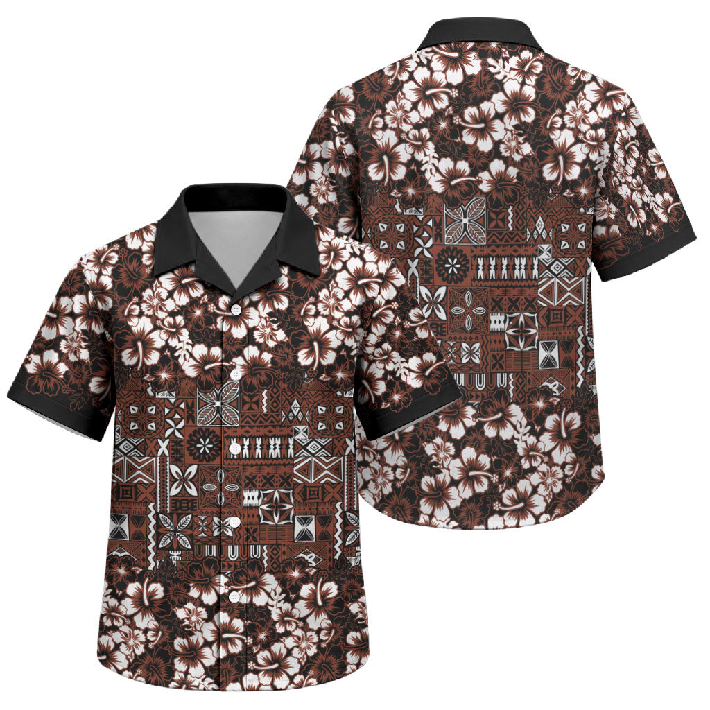 Burgundy Hawaiian Tapa Tribal Hibiscus Family Matching Off Shoulder Maxi Dress and Hawaiian Shirt
