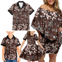 Burgundy Hawaiian Tapa Tribal Hibiscus Family Matching Off Shoulder Short Dress and Hawaiian Shirt