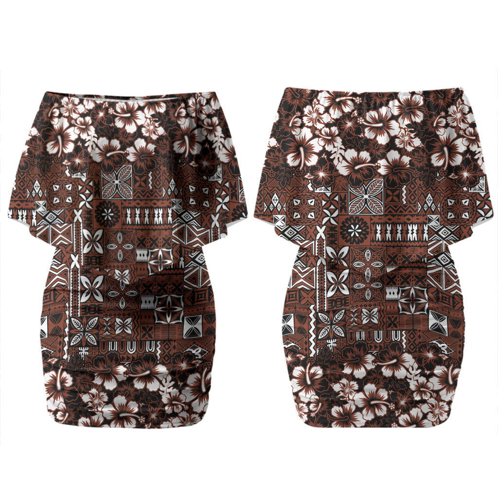 Burgundy Hawaiian Tapa Tribal Hibiscus Family Matching Off Shoulder Short Dress and Hawaiian Shirt
