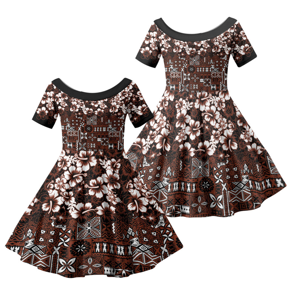 Burgundy Hawaiian Tapa Tribal Hibiscus Family Matching Puletasi and Hawaiian Shirt