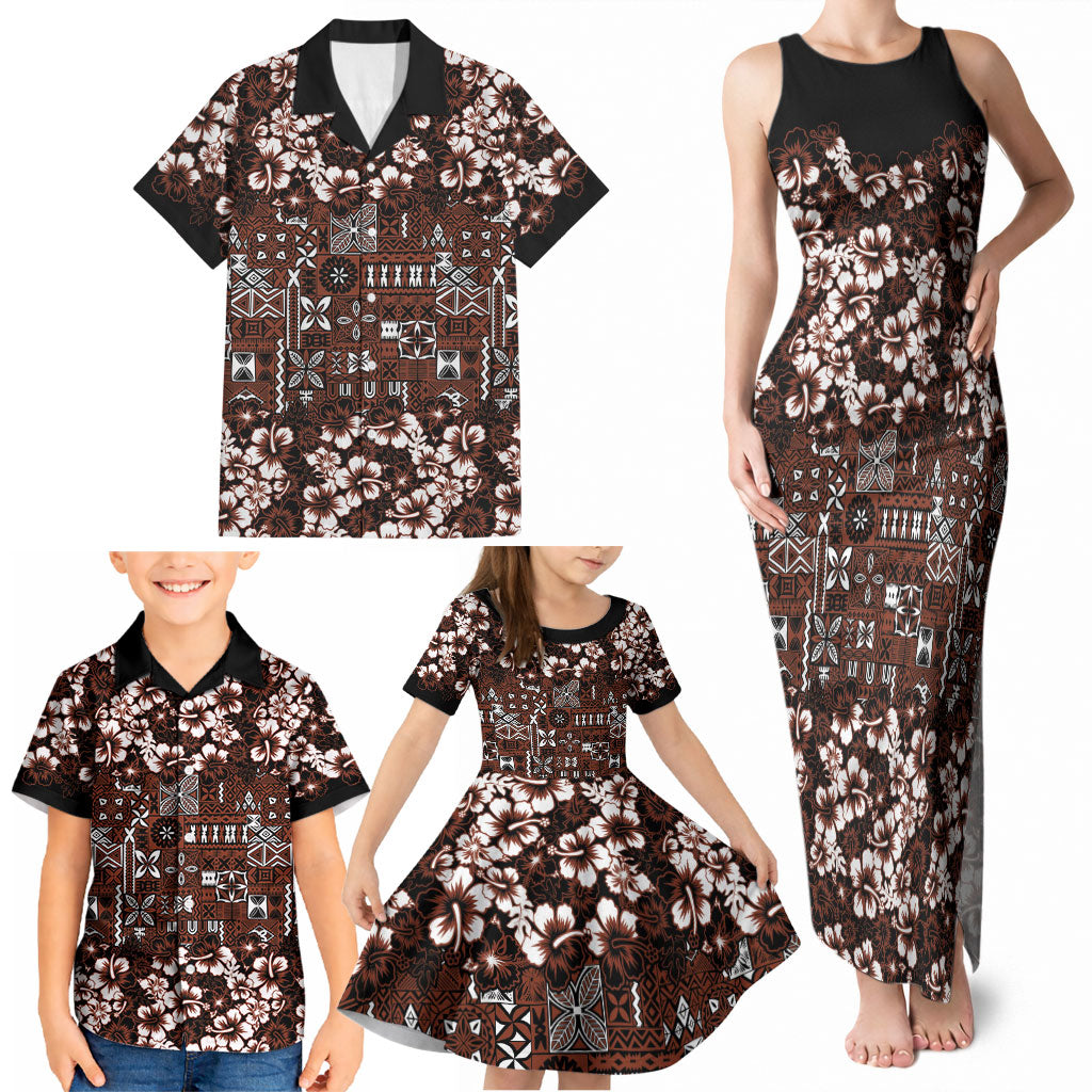 Burgundy Hawaiian Tapa Tribal Hibiscus Family Matching Tank Maxi Dress and Hawaiian Shirt