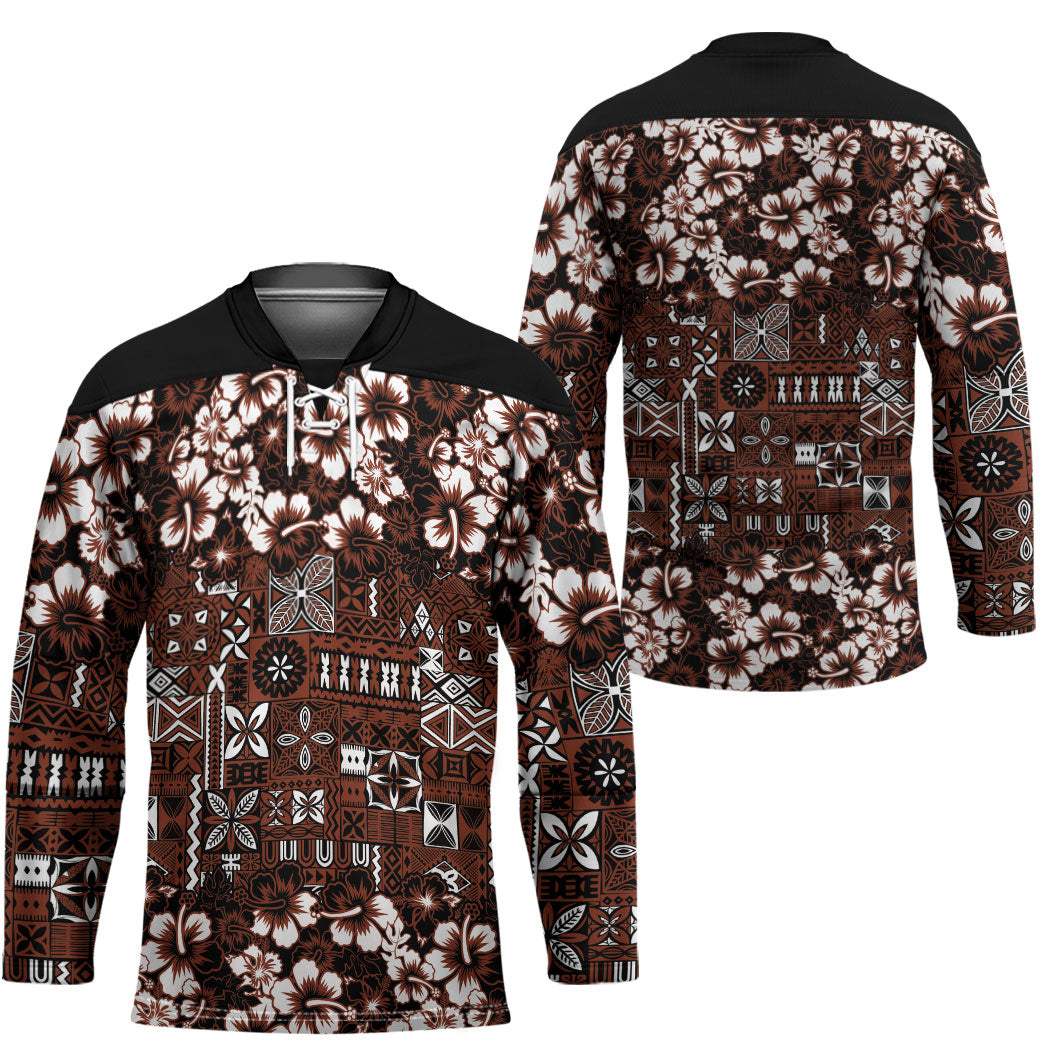 Burgundy Hawaiian Tapa Tribal Hibiscus Hockey Jersey