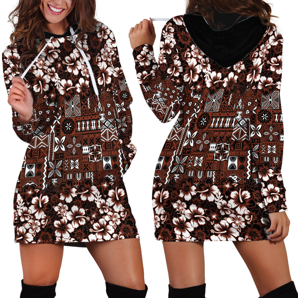 Burgundy Hawaiian Tapa Tribal Hibiscus Hoodie Dress
