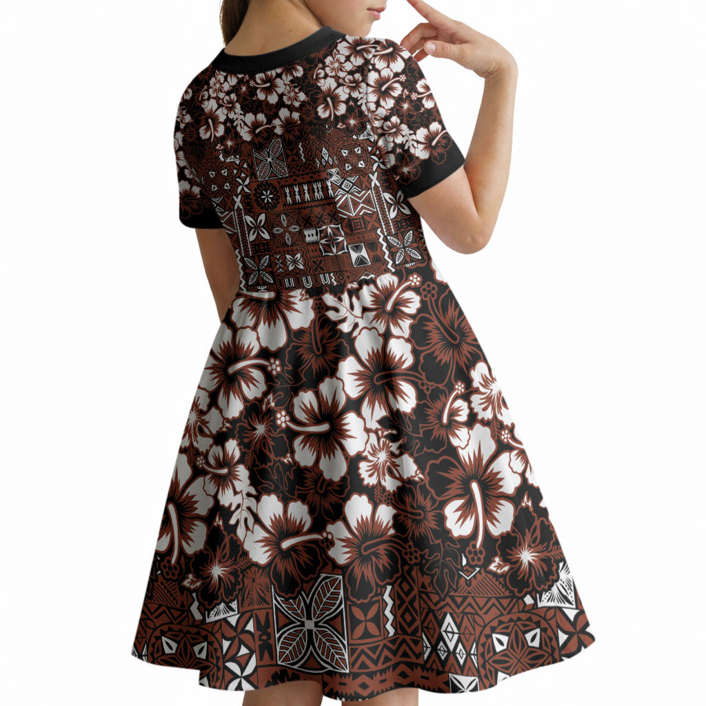 Burgundy Hawaiian Tapa Tribal Hibiscus Kid Short Sleeve Dress